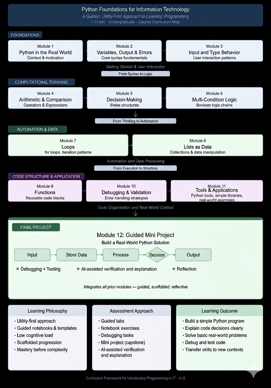 Visual overview of the IT1009C notebook sequence from Python context through the guided mini project